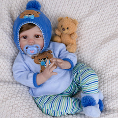 Milidool baby doll in teddy outfit with hat ready for immediate dress-up