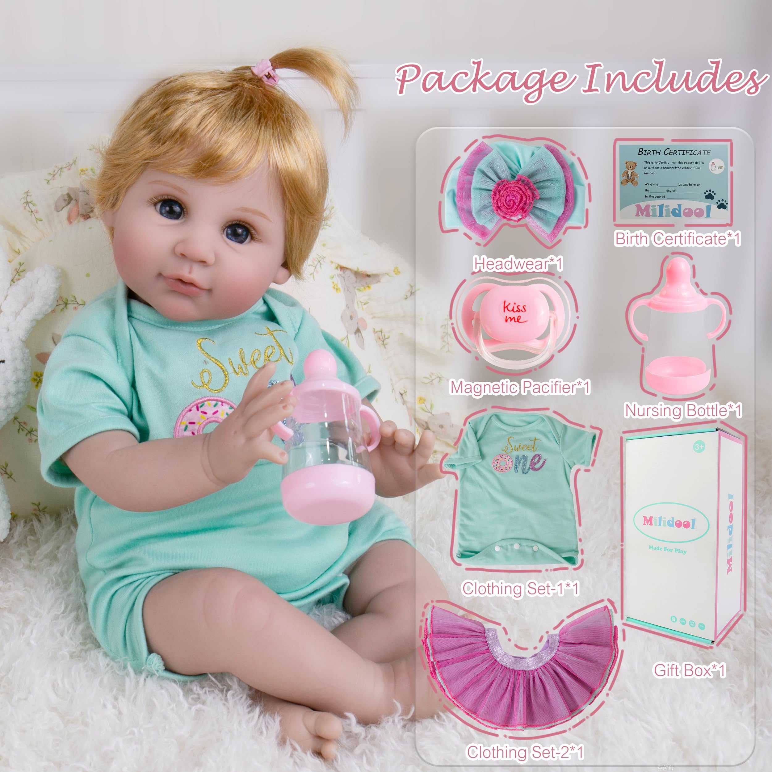 Milidool magnetic pacifier accessory supports soothing role-play moments.