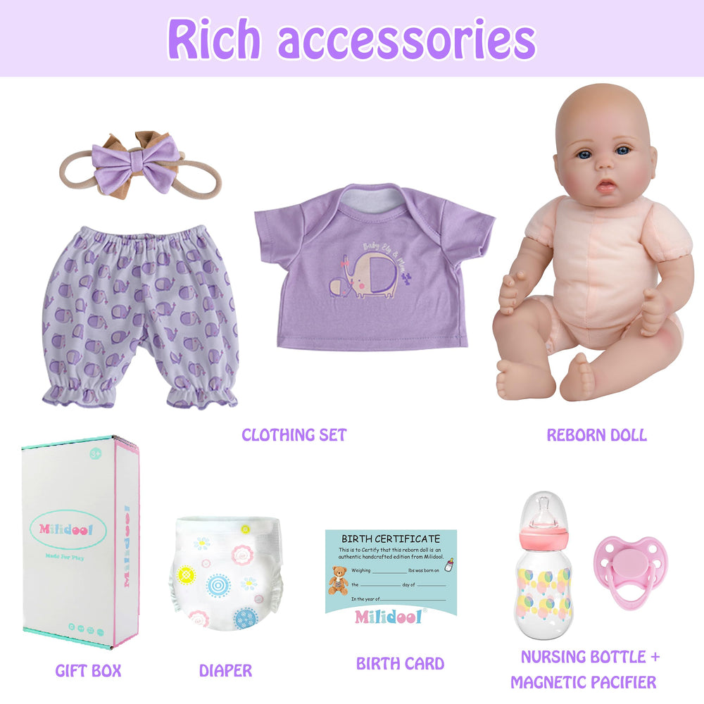 Milidool poseable vinyl limbs enable natural baby poses for nurturing play.