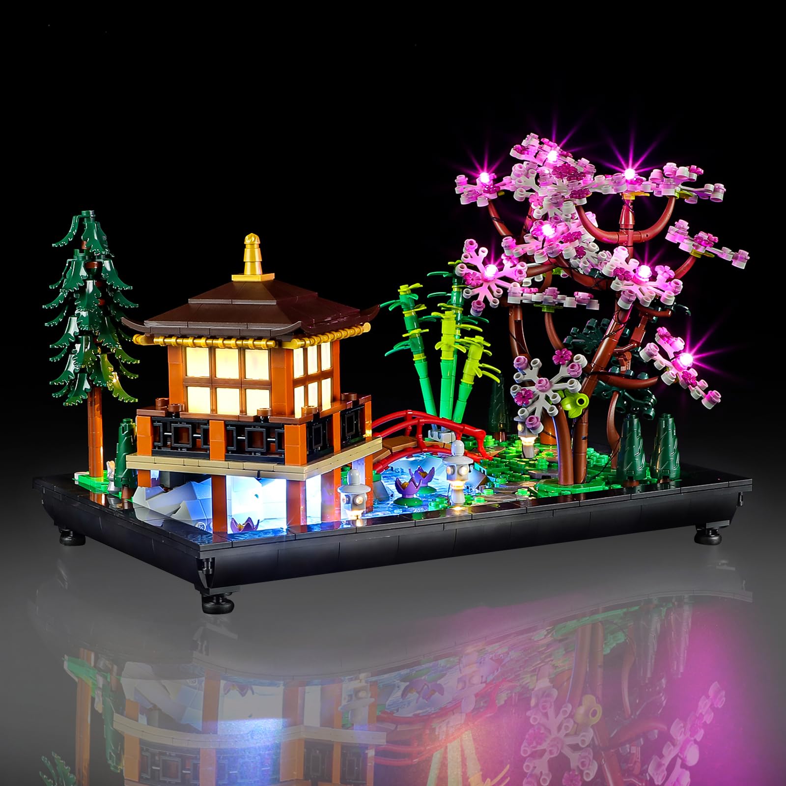 Mililier LED light kit for Lego 10315 Icons Tranquil Garden set glowing on display.