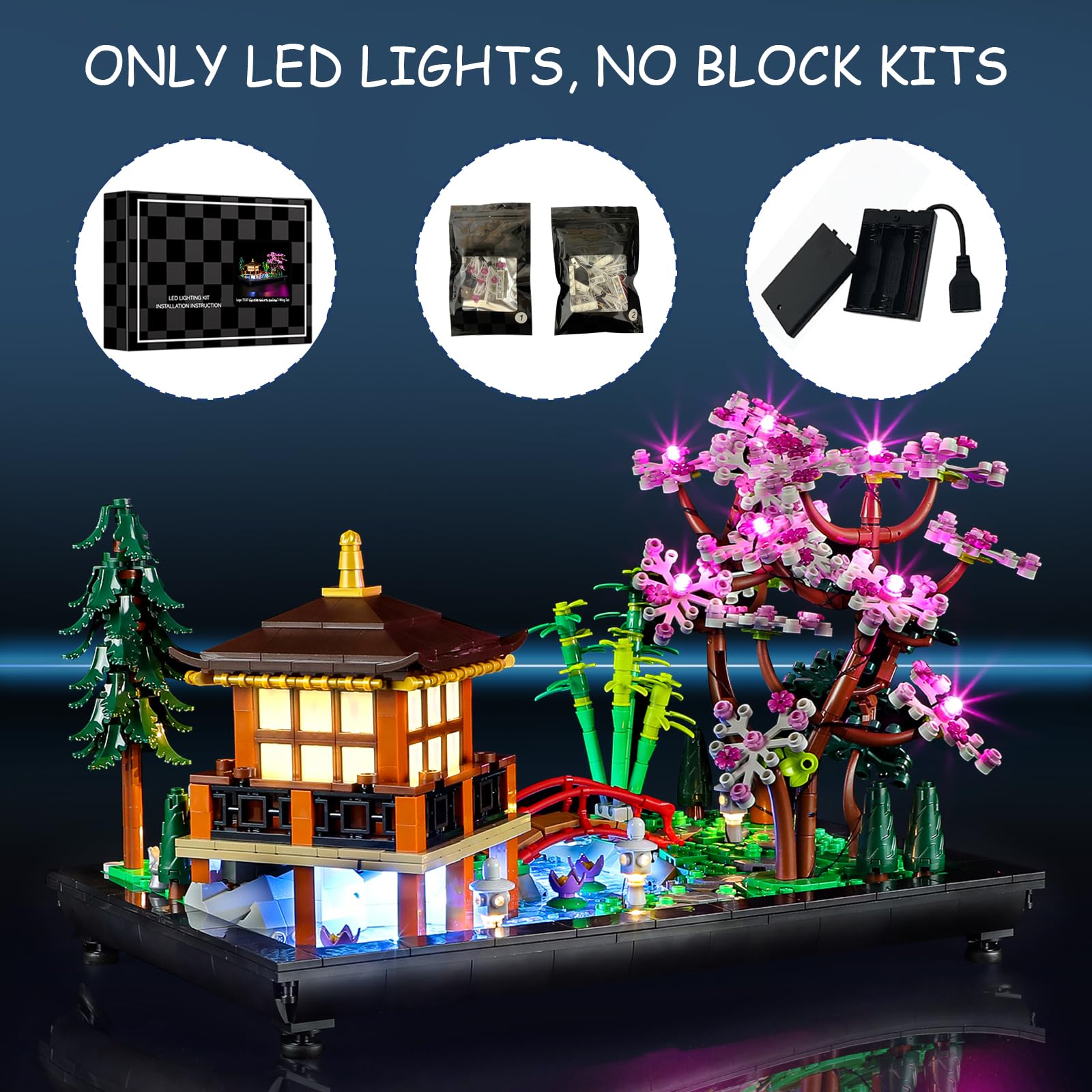 Mililier lights brighten the tranquil garden scene with warm ambience.