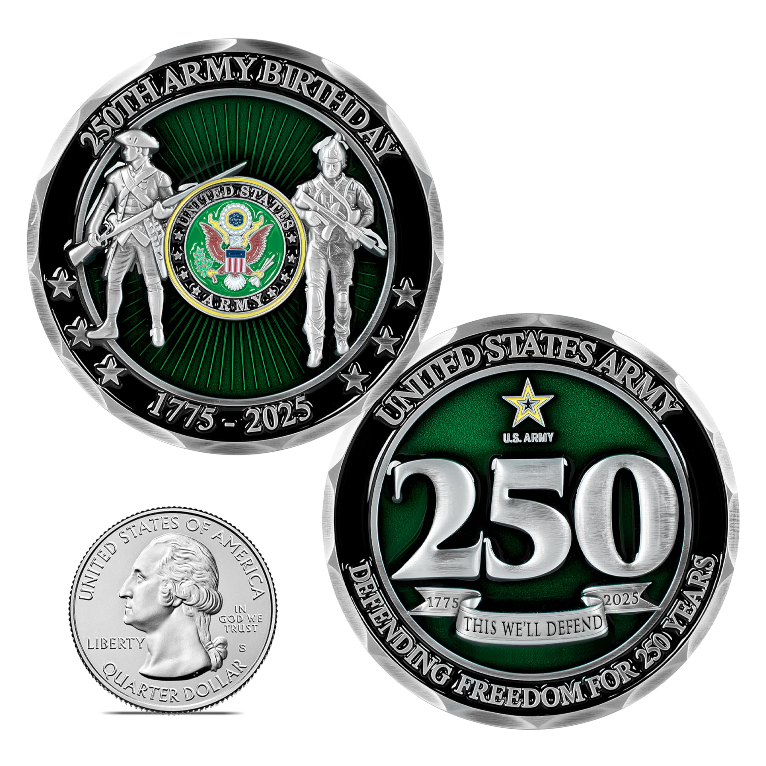 Military Gift Shop 250th emblem closeup highlights detail and premium plating for display