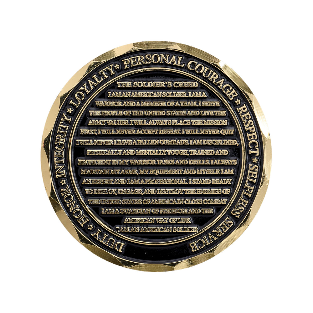 Military Gift Shop Soldier's Creed Coin seal detail highlighting craftsmanship and authentic insignia.