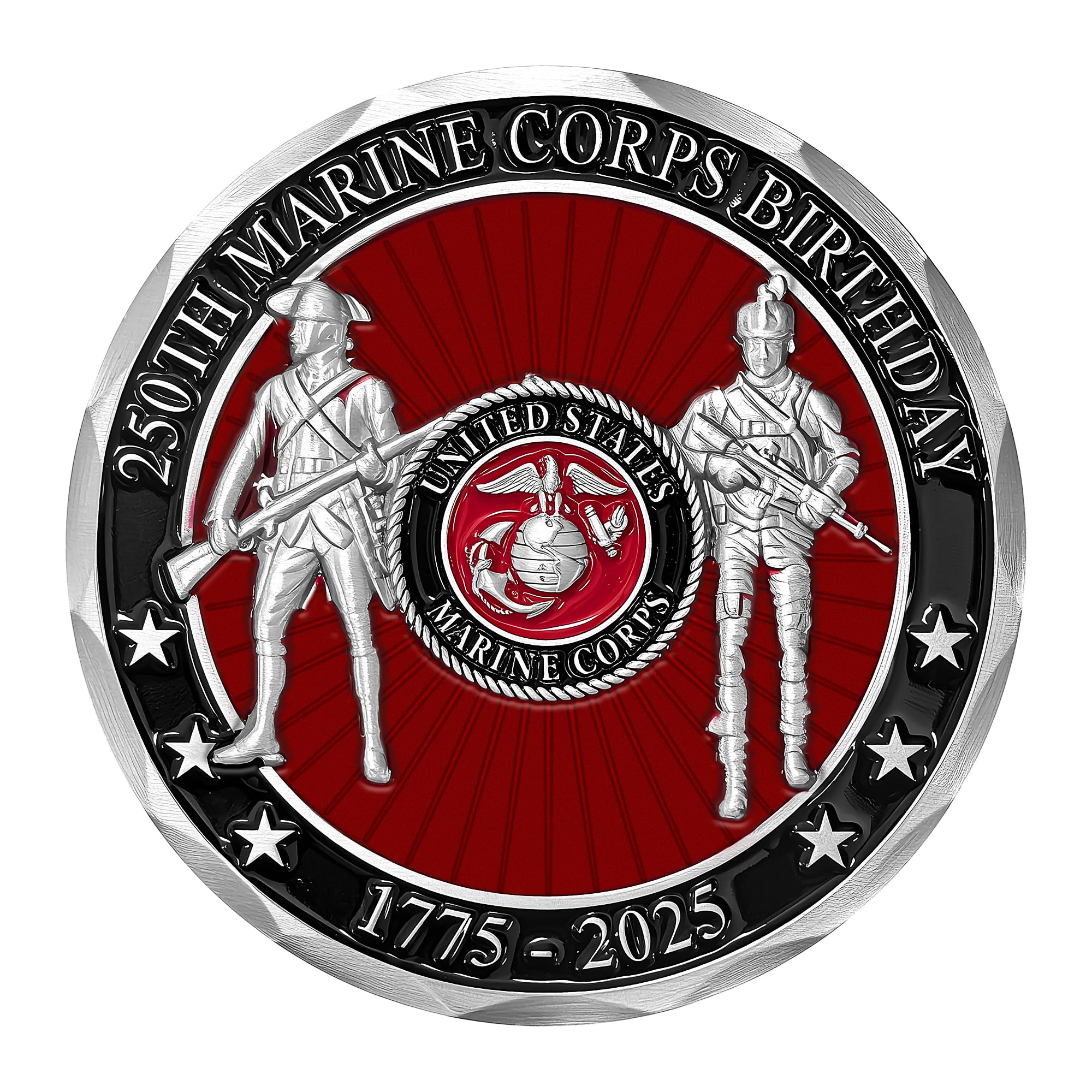 Military Gift Shop USMC 250th coin back shows Marine evolution and seal.