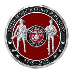 Military Gift Shop USMC 250th coin back shows Marine evolution and seal.