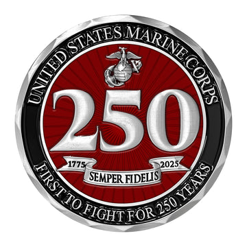 Military Gift Shop USMC 250th coin die-struck detailing and polish.