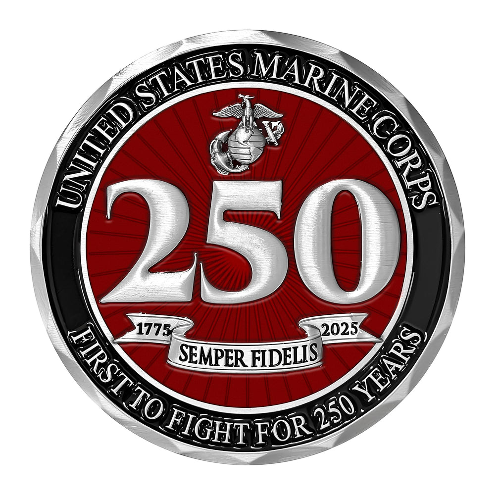 Military Gift Shop USMC 250th coin die-struck detailing and polish.