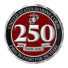 Military Gift Shop USMC 250th coin die-struck detailing and polish.