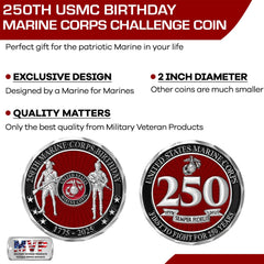 Military Gift Shop USMC 250th coin 2-inch size for display.