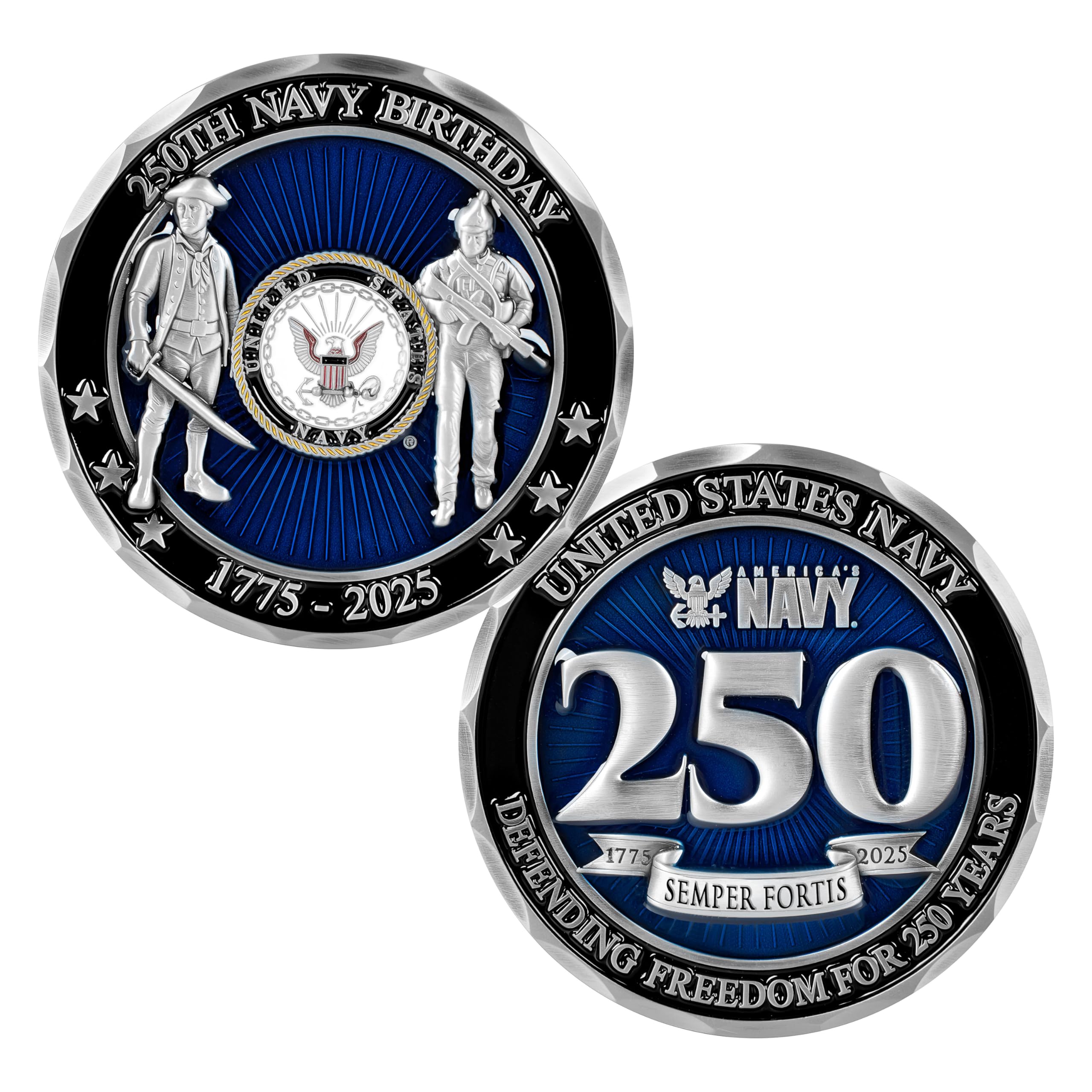 Military Gift Shop USN 250th front emblem coin for display and collection.