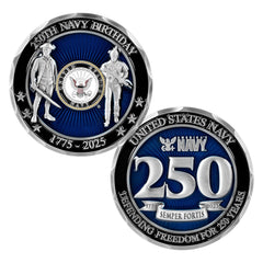 Military Gift Shop USN 250th front emblem coin for display and collection.