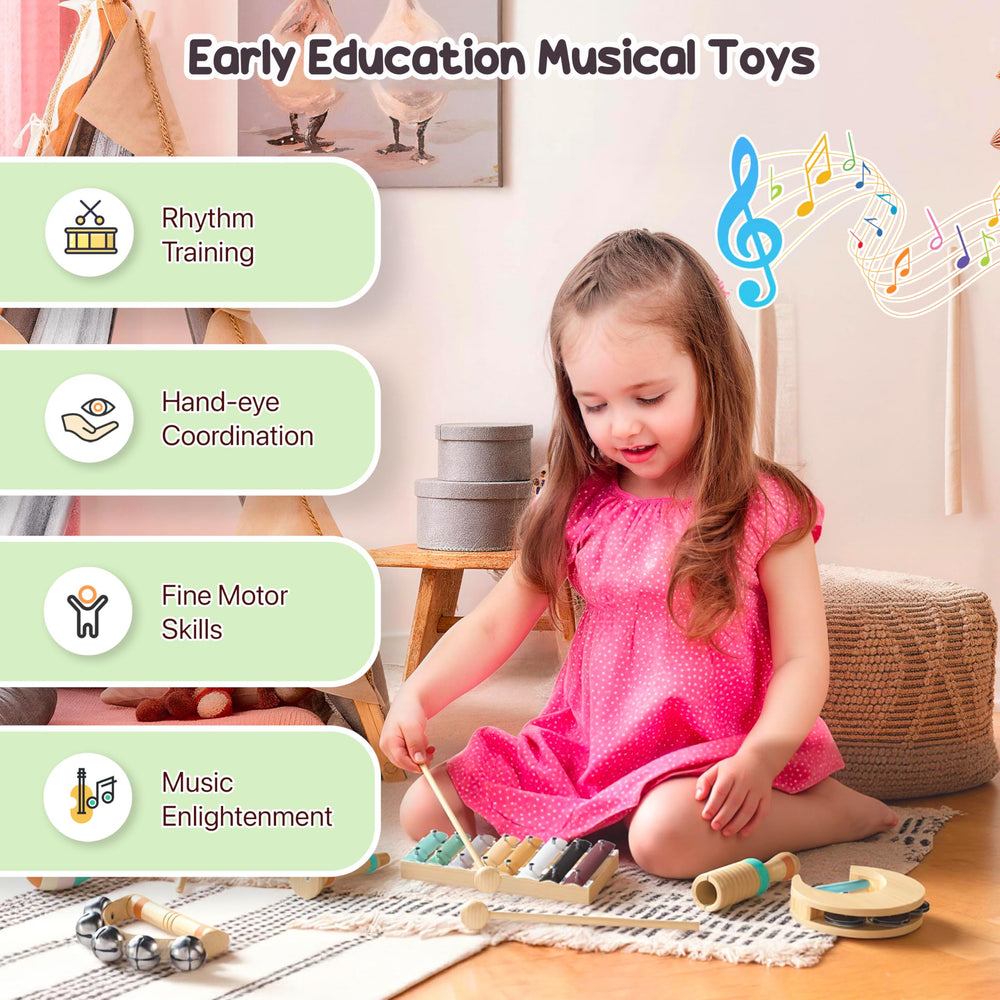 Miljgte Montessori wooden instruments collection for sensory exploration.