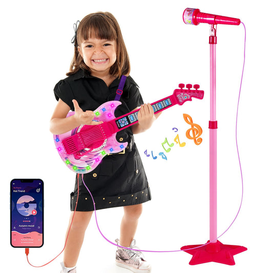 Milk Frog guitar play set front view in red, kid-friendly size for easy handling.