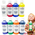 Milo kids washable finger paint set eight colors in bottles for classroom crafts.