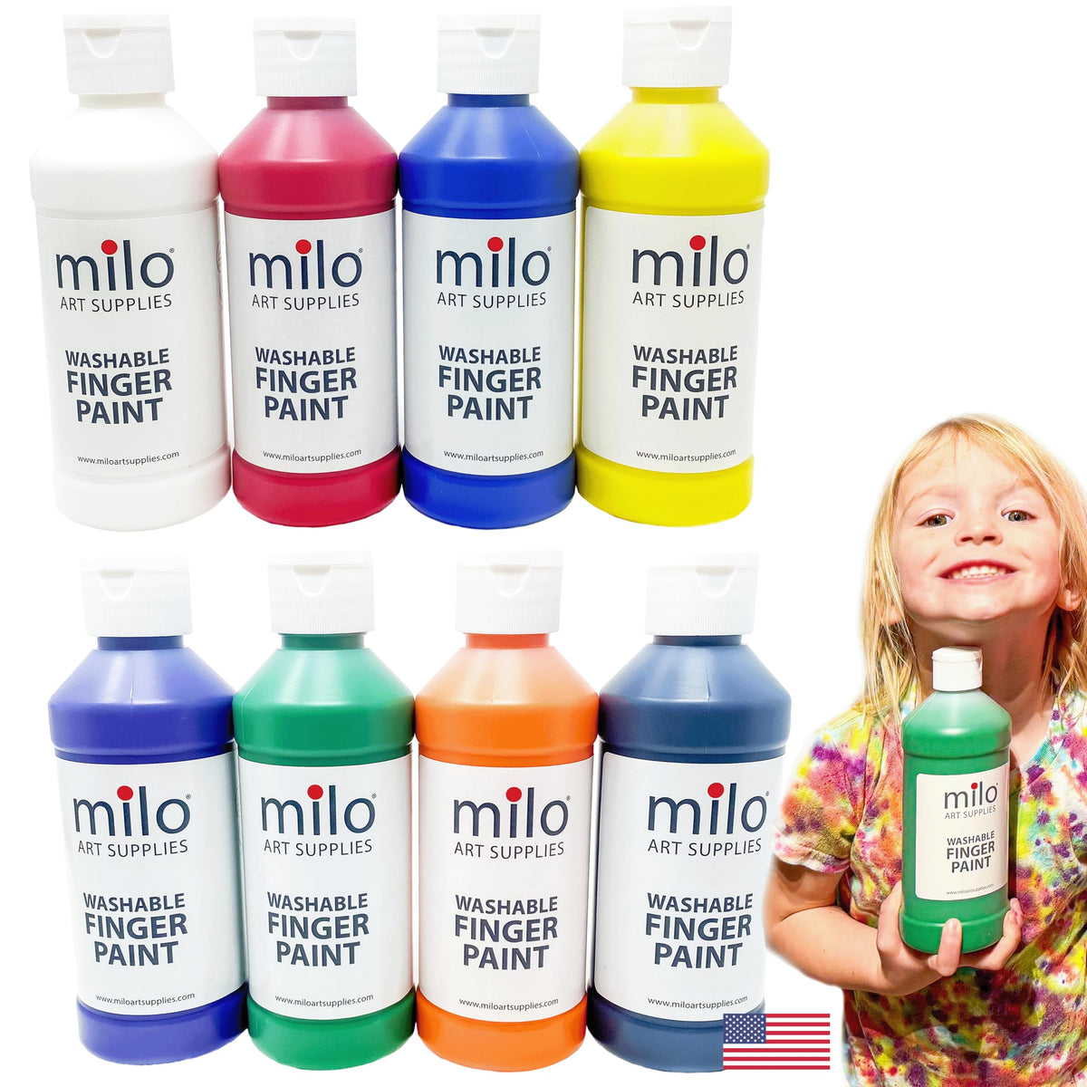 Milo kids washable finger paint set eight colors in bottles for classroom crafts.
