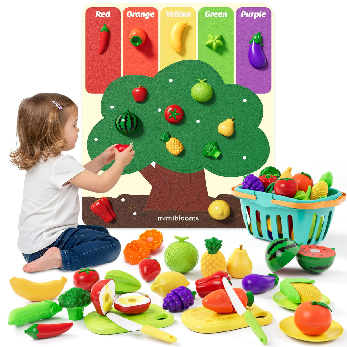 Mimiblooms Play Fruit Cutting Set—colorful fruits for creative pretend cooking and fine motor play.