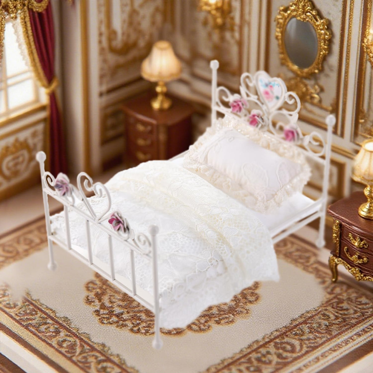 Minamzee 1:12 iron bed with white finish and floral engravings for dollhouse realism.
