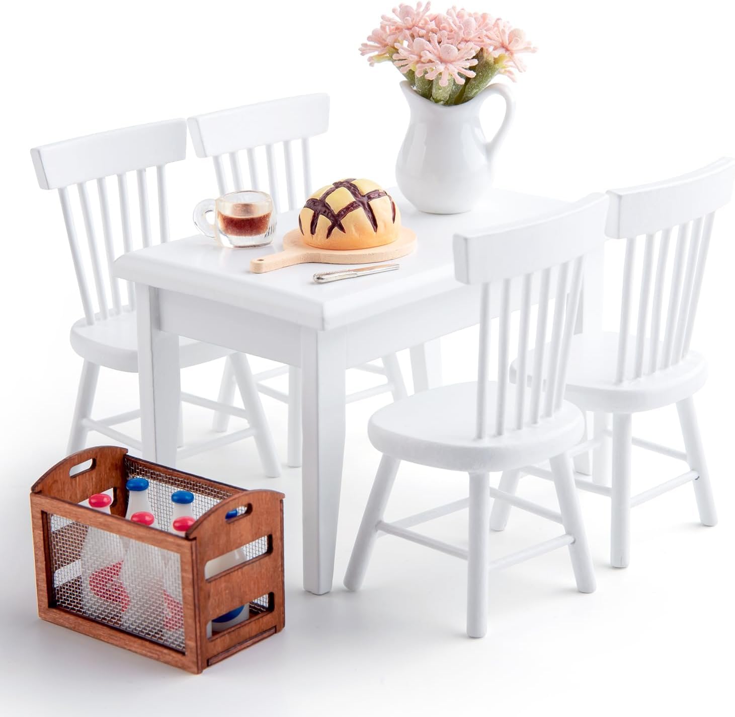 Minamzee 1:12-scale dining table pairs with chairs for proportionate dollhouse fittings.