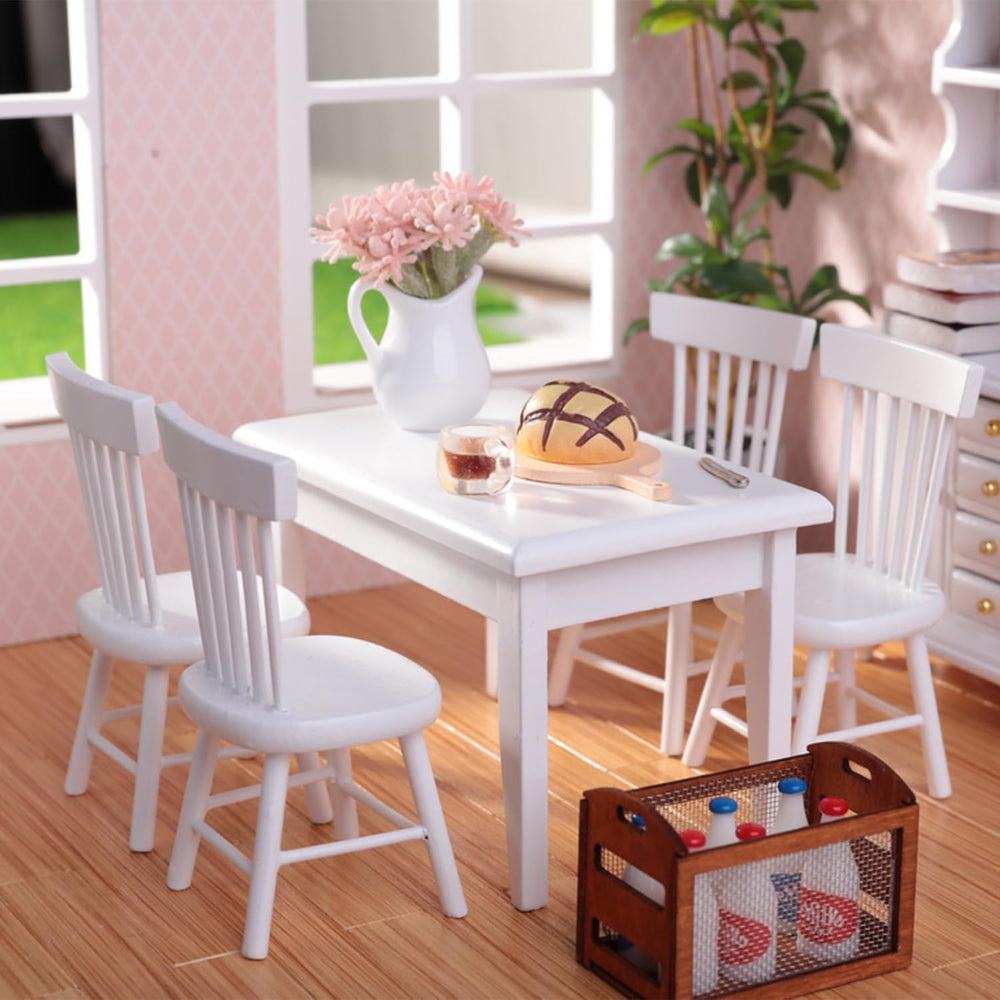 Minamzee dollhouse table chair set shown with 17pcs for realistic dining scenes.