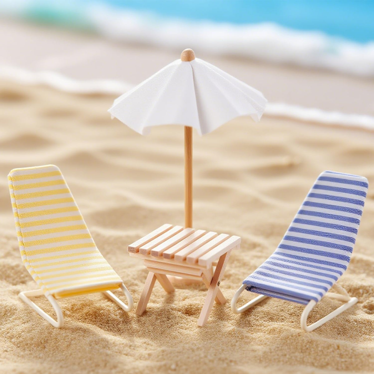 Minamzee metal beach recliner in blue and yellow for lifelike 1:12 lounging.