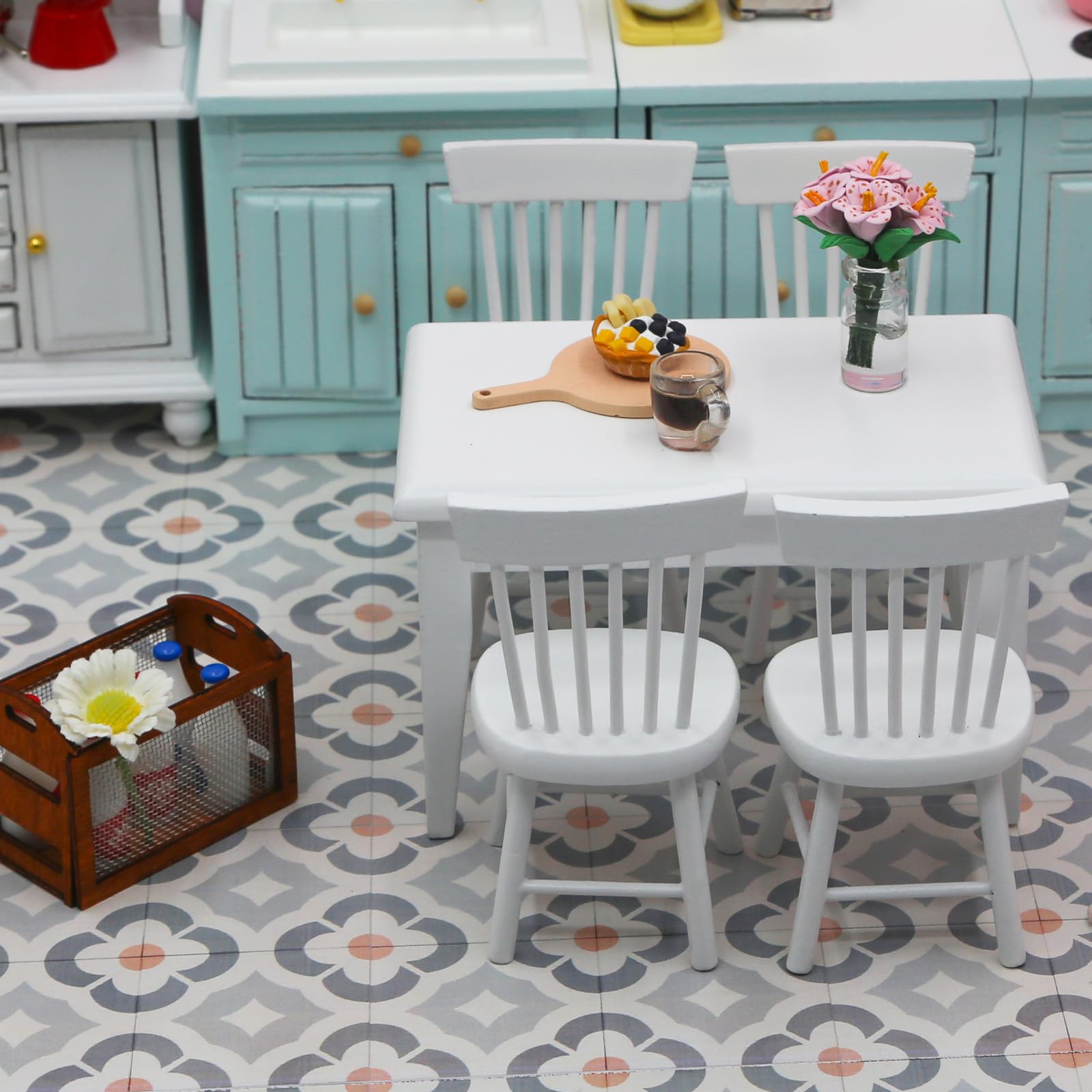Minamzee milk bottles and basket complete a cozy breakfast vignette.