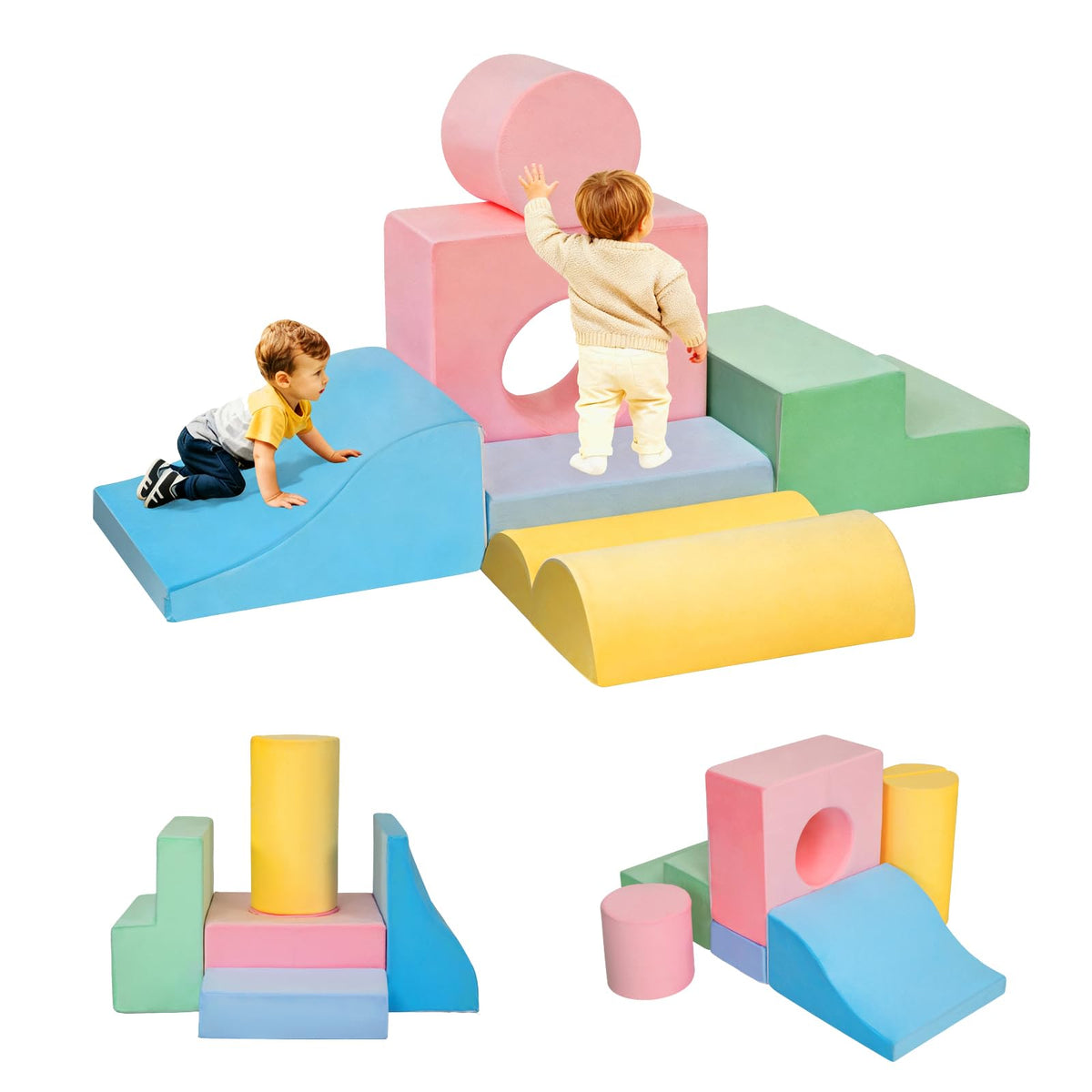 Mind&Action 6-piece toddler climbing blocks arranged for safe indoor play and motor skills support.