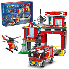 MindBox City Fire Rescue building set: fire station front view with detailed play features.