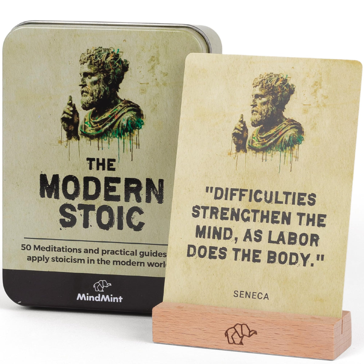 MindMint daily affirmation cards in tin box for focused morning routine.