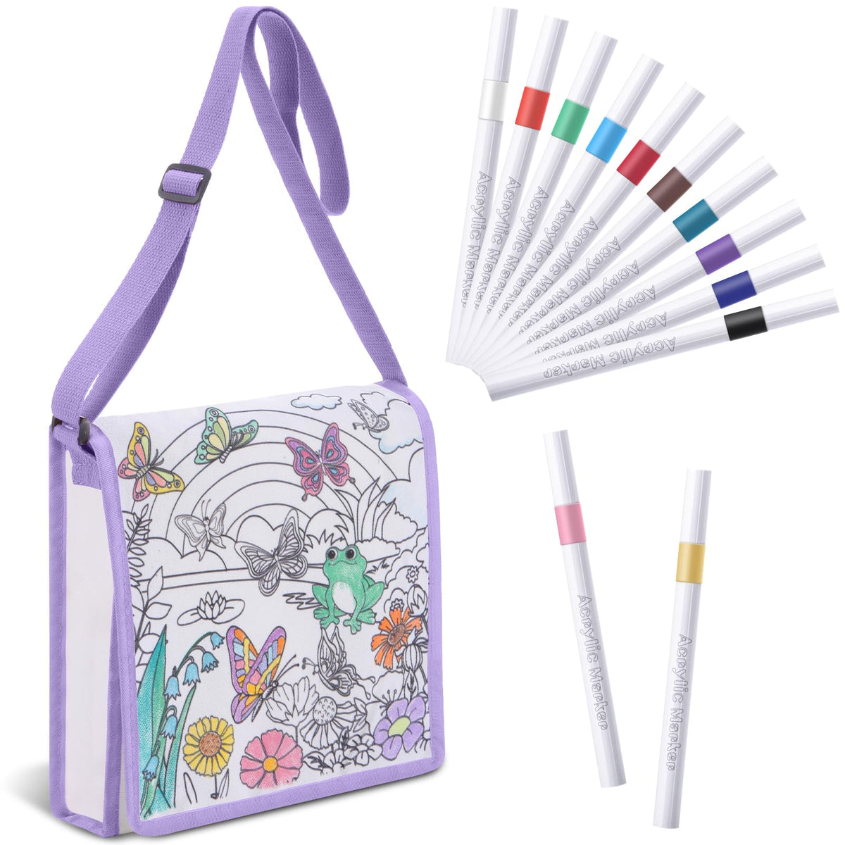 Mindsoft butterfly crossbody bag with markers for on-the-go coloring.