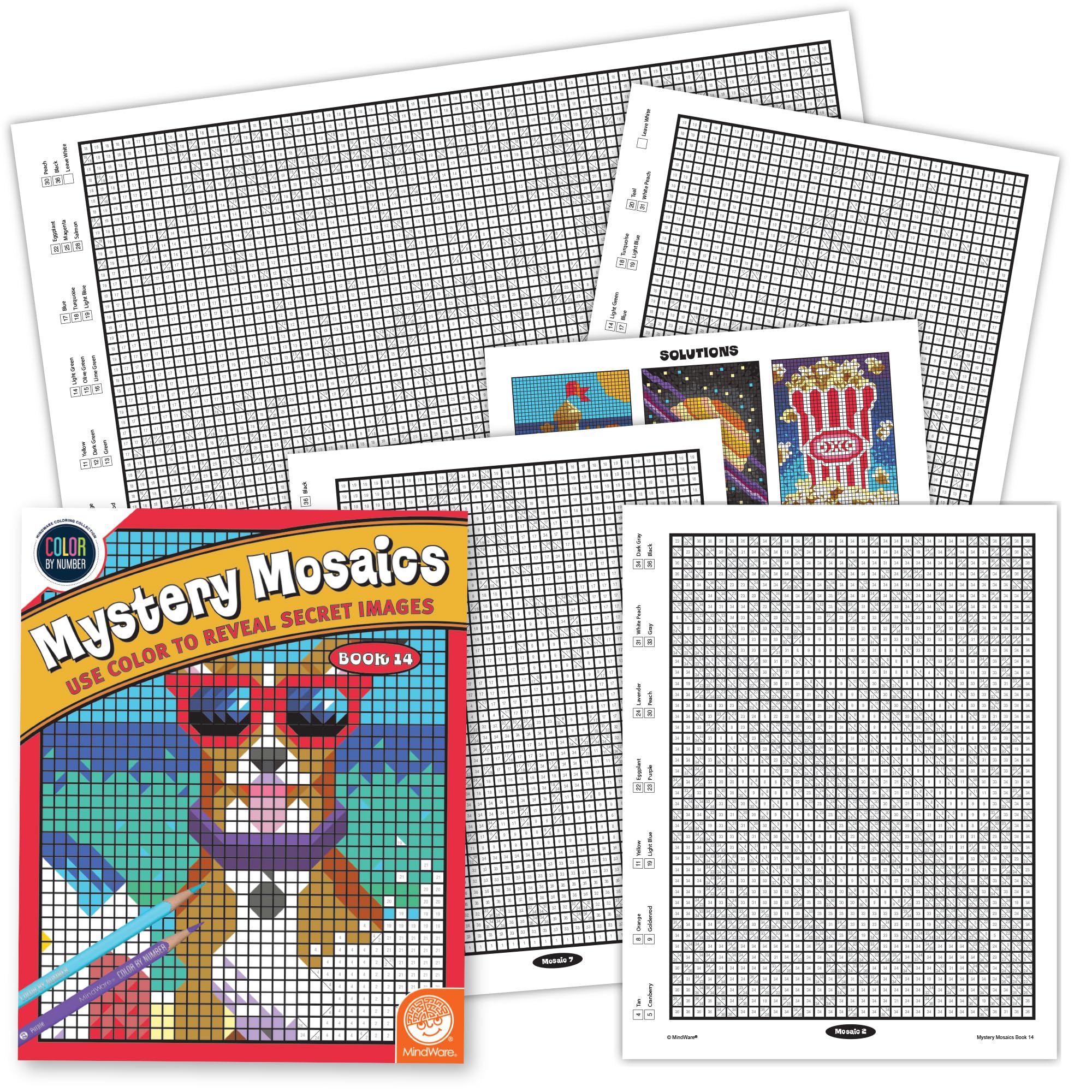 MindWare Color by Number Mystery Mosaics Book 14 cover invites focused coloring