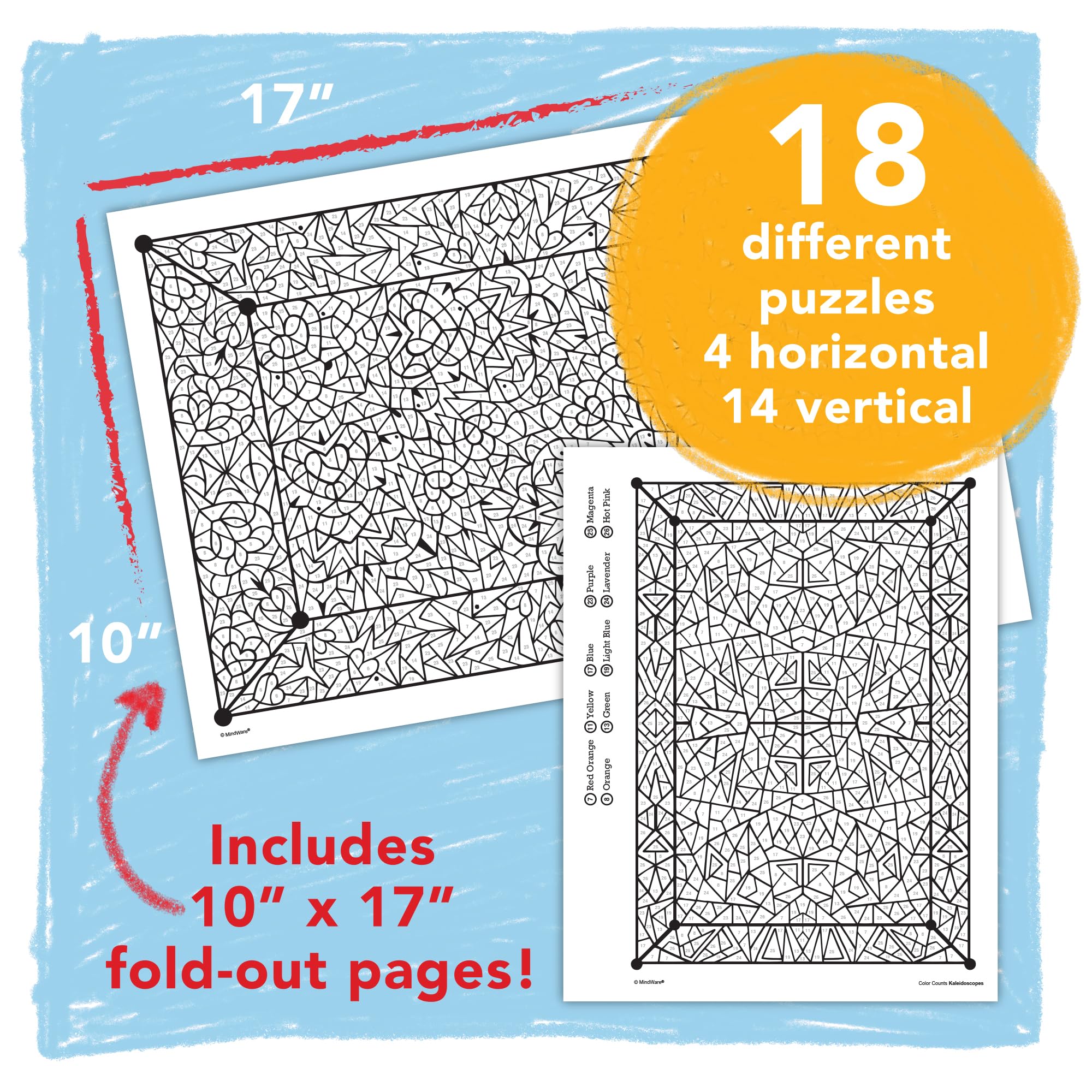 This MindWare book features vibrant mosaic illustrations for creative coloring