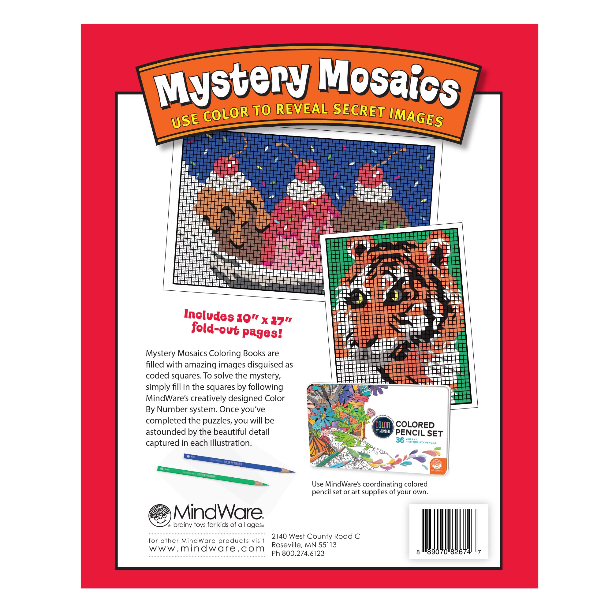 MindWare Color by Number Mystery Mosaics color tools beside the book support tidy coloring sessions.
