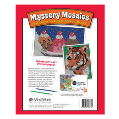 MindWare Color by Number Mystery Mosaics color tools beside the book support tidy coloring sessions.