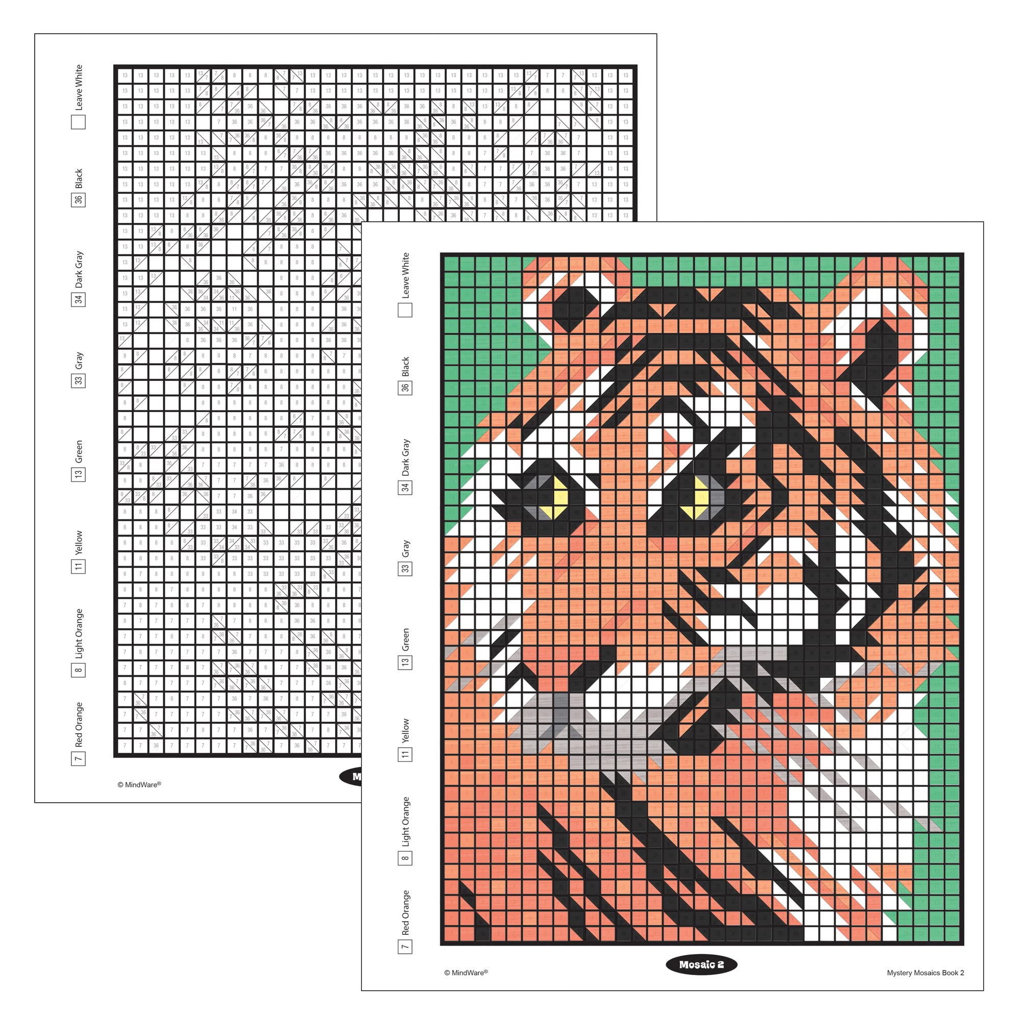 MindWare Color by Number Mystery Mosaics page preview highlights vibrant shapes and color transitions.