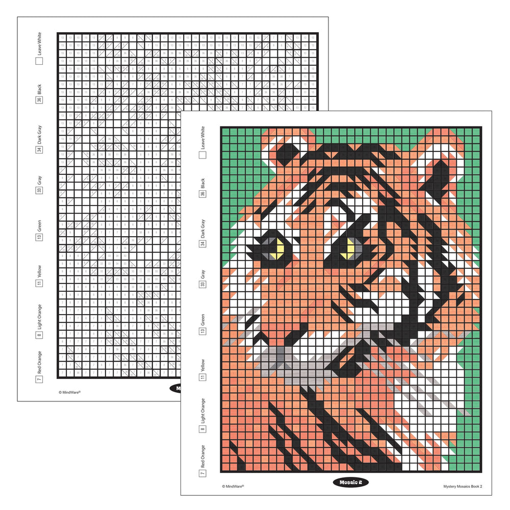 MindWare Color by Number Mystery Mosaics page preview highlights vibrant shapes and color transitions.