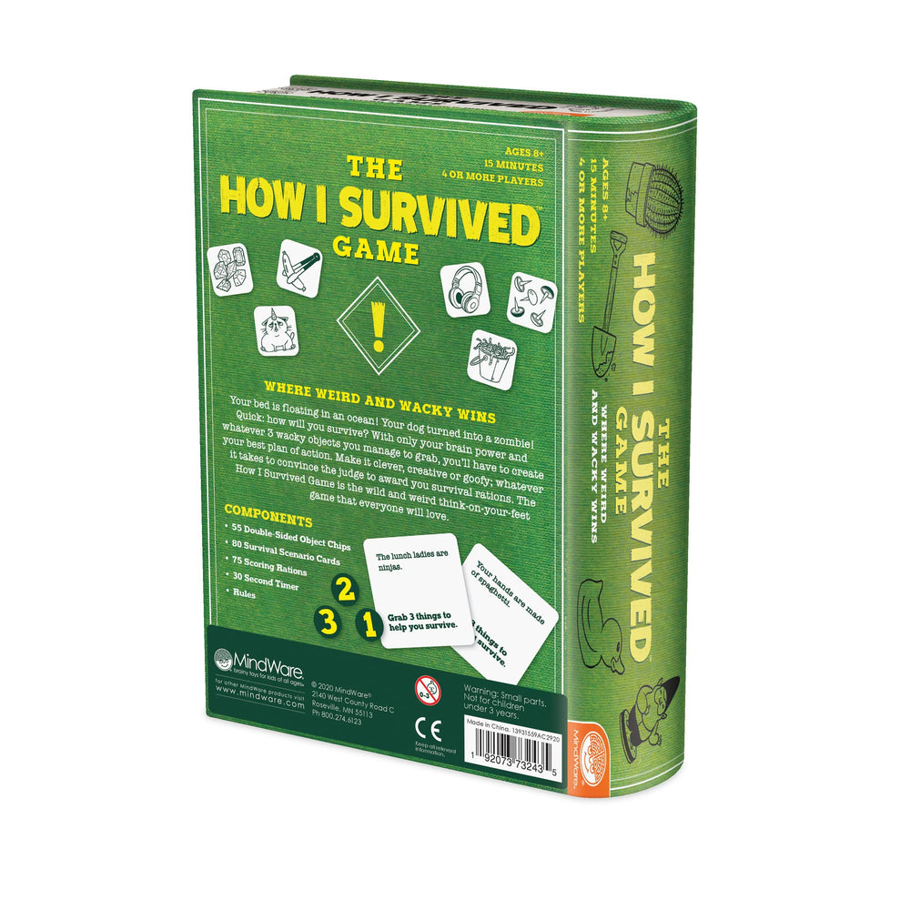 MindWare How I Survived card game box back, highlights components and simple rules.