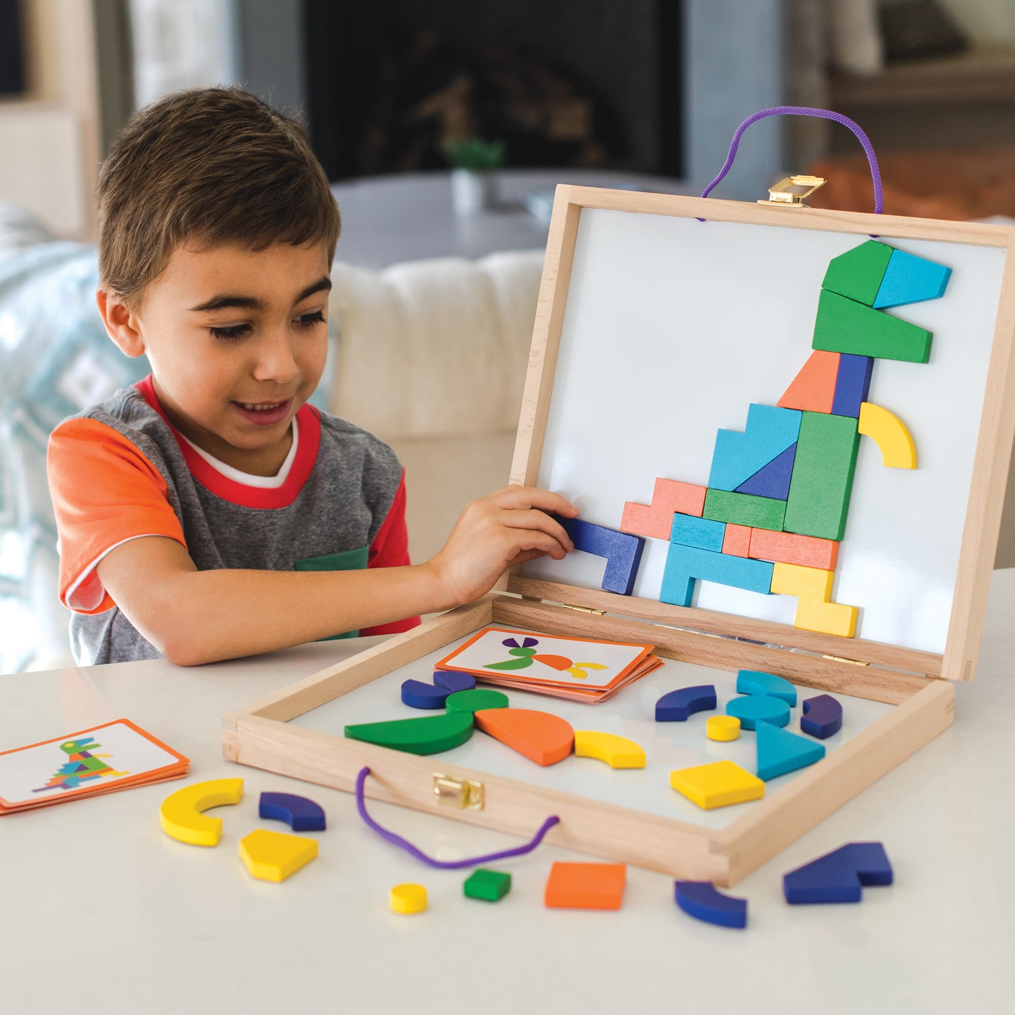 MindWare Imagination Magnets wooden blocks in bright colors invite hands-on pattern building.
