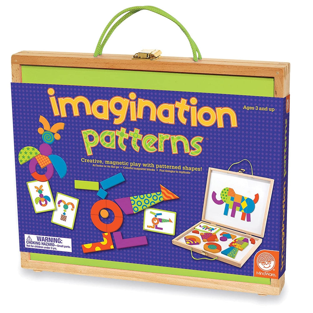 MindWare Imagination Patterns wooden carrying case with hinges and rope handles for portable storage