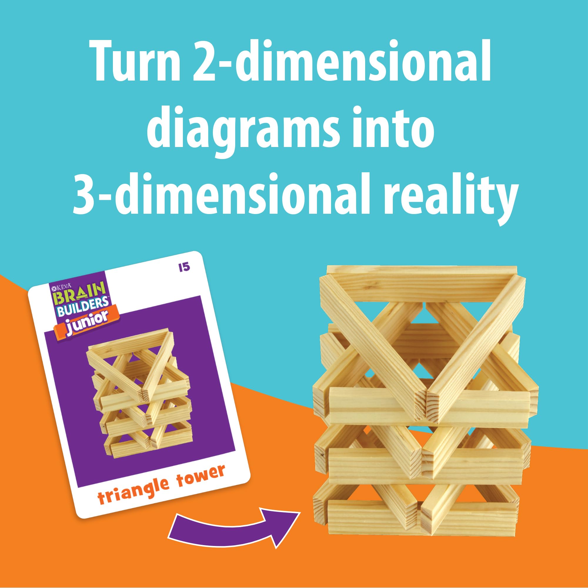 MindWare KEVA Junior double-sided cards show 2-D to 3-D challenges