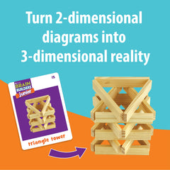 MindWare KEVA Junior double-sided cards show 2-D to 3-D challenges