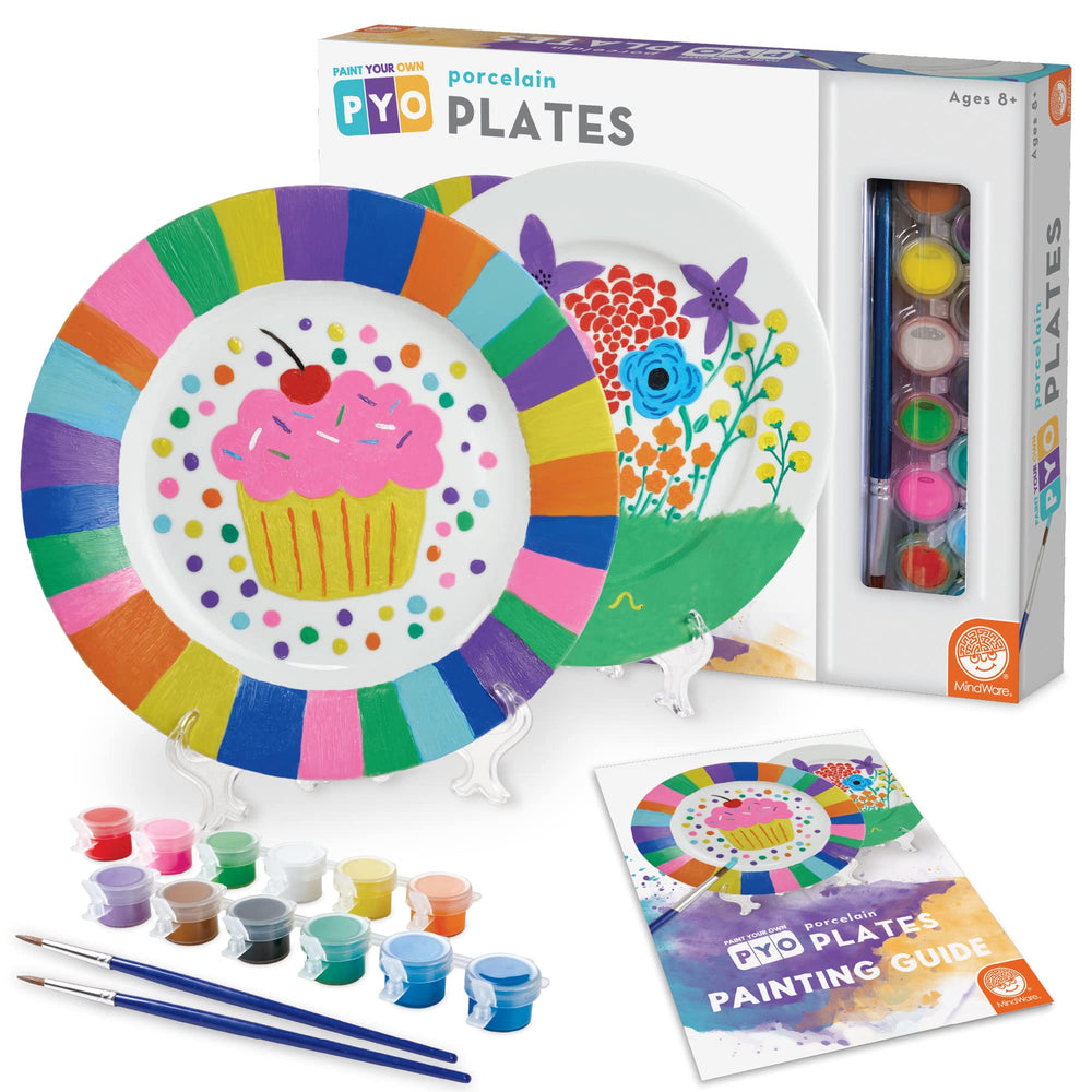 MindWare Paint Your Own Porcelain Plates kit contents spark creative family crafting.