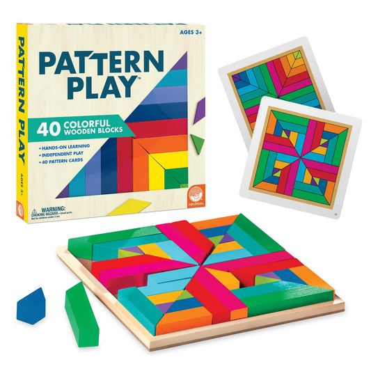 MindWare Pattern Play wood blocks close-up showing bright colors for hands-on early math practice