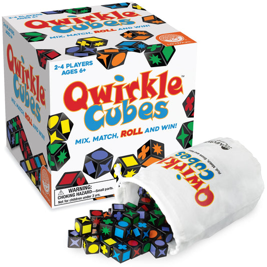 MindWare Qwirkle Cubes play scene on the table, supporting family-friendly strategy and quick thinking.