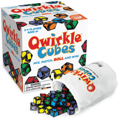 MindWare Qwirkle Cubes play scene on the table, supporting family-friendly strategy and quick thinking.