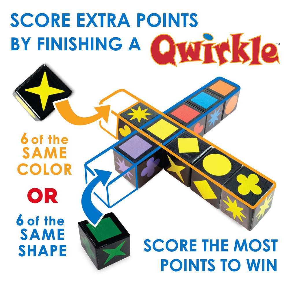 MindWare Qwirkle Cubes wooden cubes and instructions showcase included contents.