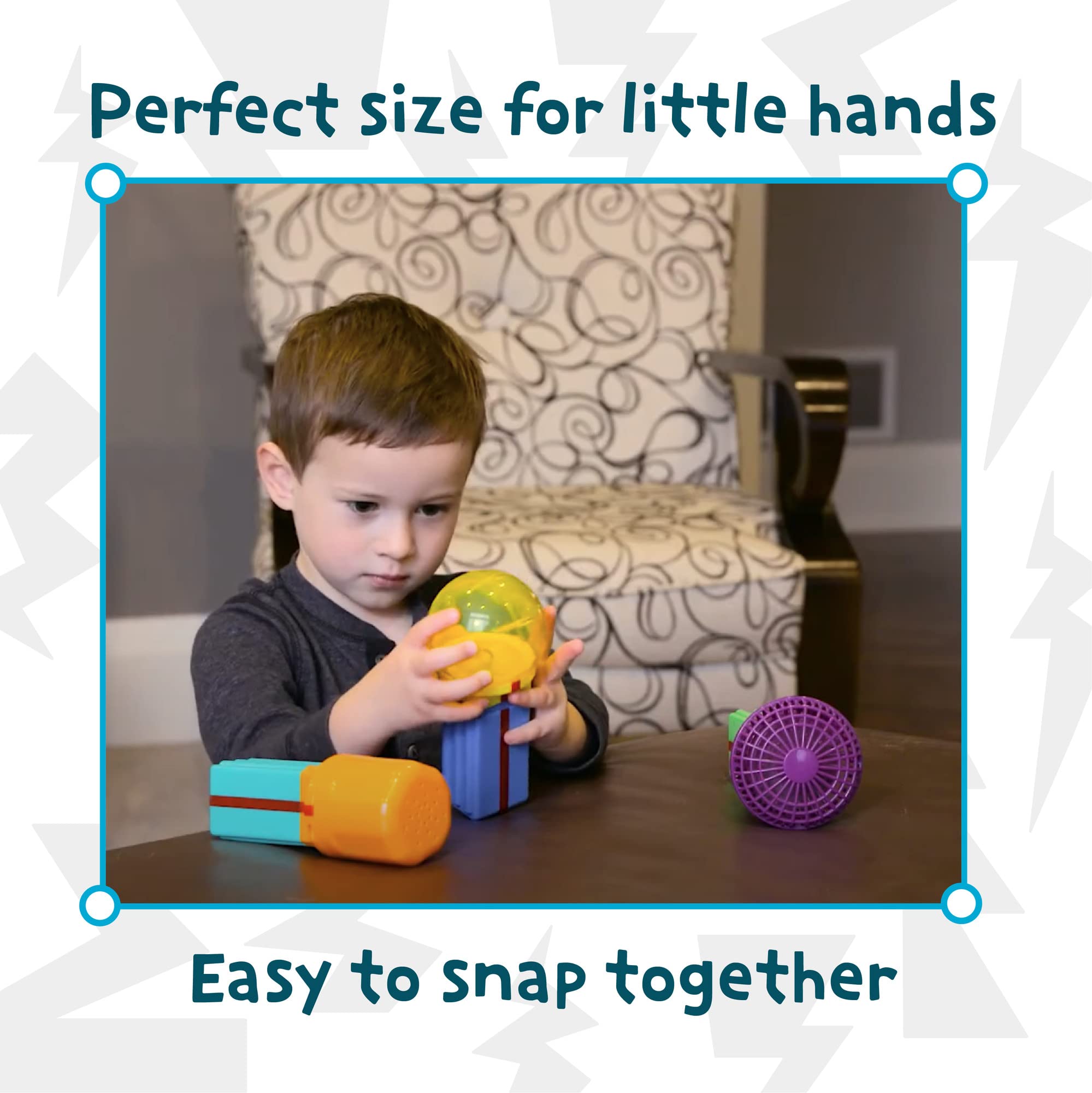 MindWare Start-Up Circuits child assembling blocks encourages fine motor practice.