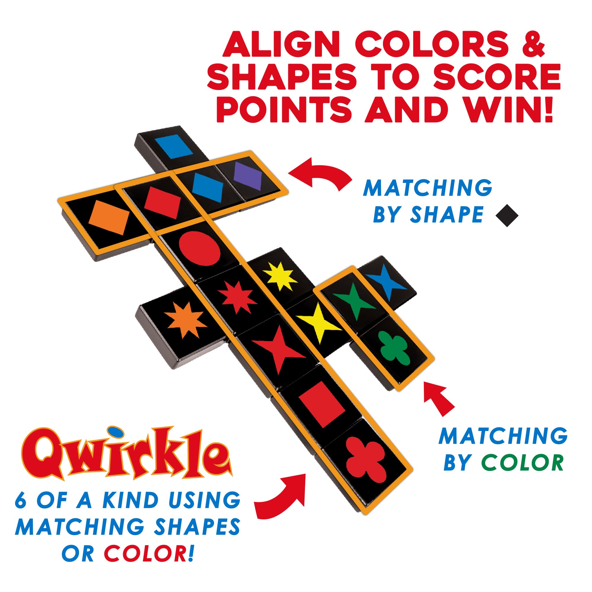 MindWare Travel Qwirkle color shapes tiles illustrate matching play.