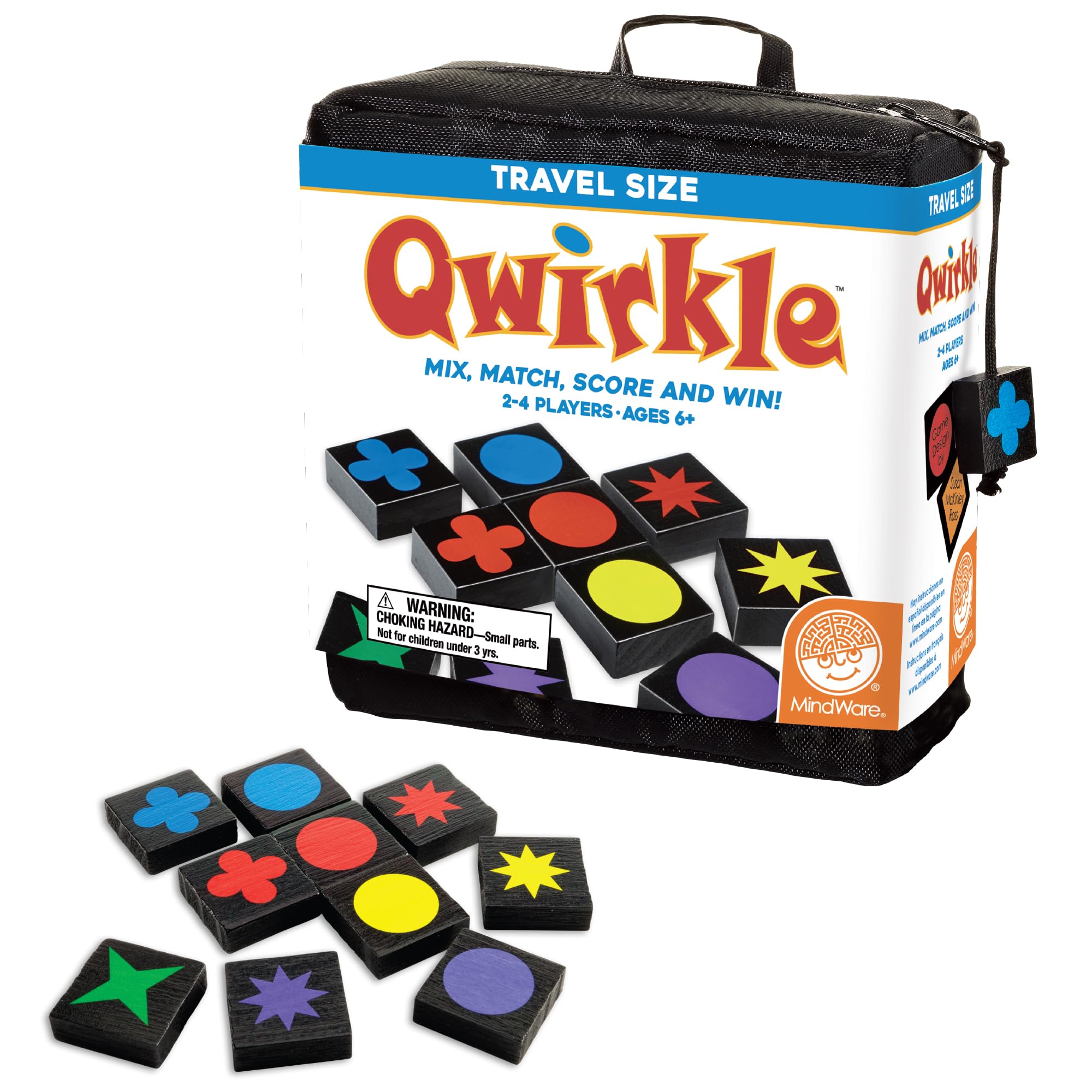 MindWare Travel Qwirkle tiles show colorful color-shape patterns for on-the-go play.