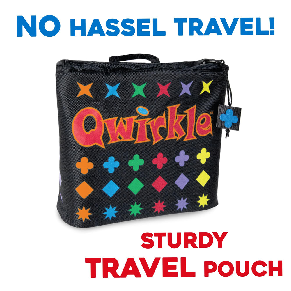 MindWare Travel Qwirkle travel case holds tiles, pouch, and rules for travel.