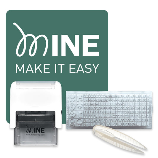 Mine Stamp Compact Clothing Marker front view for portable labeling of clothes and books